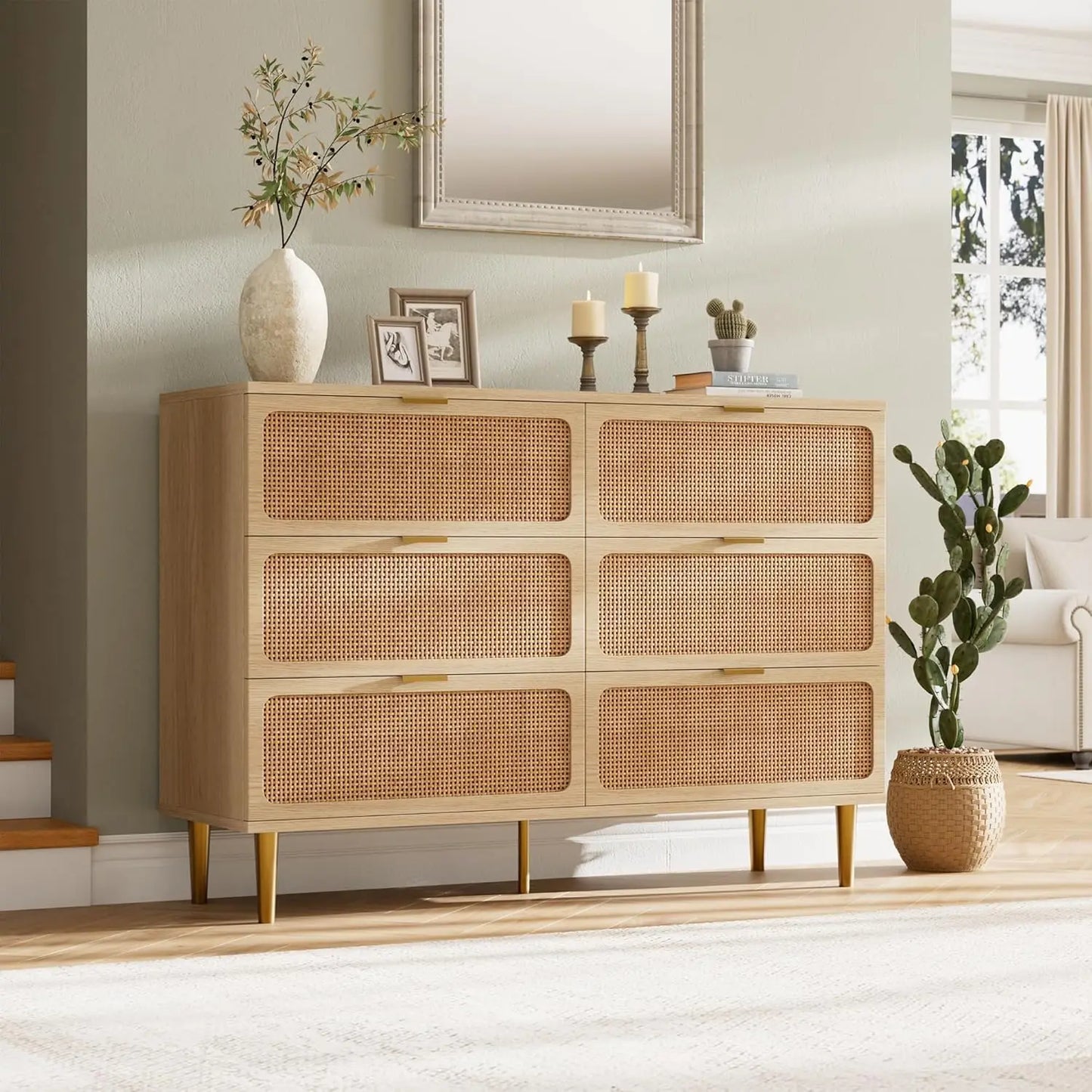 47.2in 6 Drawer Natural Rattan Dresser for Bedroom, Wooden Dresser with 15.6in Deep Storage & Wide Top, Large Modern Chest of Drawers for Living Room, Hallway and Kids Room Closet,