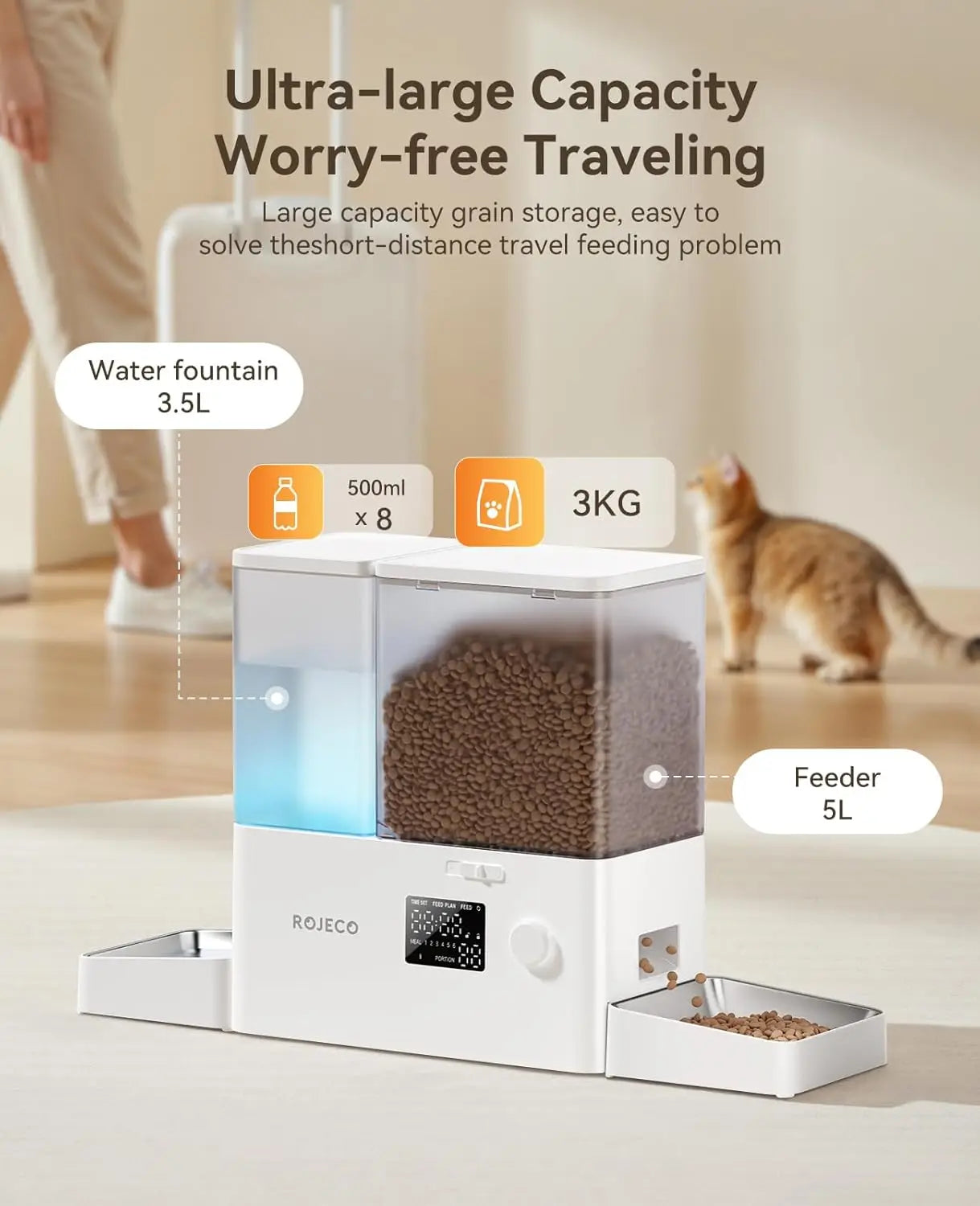 2-in-1 Automatic Cat Feeder and Water Dispenser, 8.5L Large Capacity Stainless Steel Bowls for Cats Small Dogs Puppies