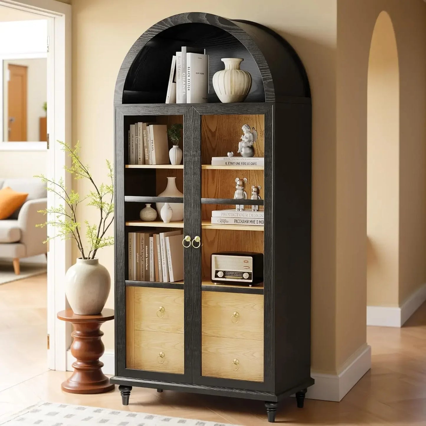 Modern Arched Storage Cabinet With Glass Doors And Drawers