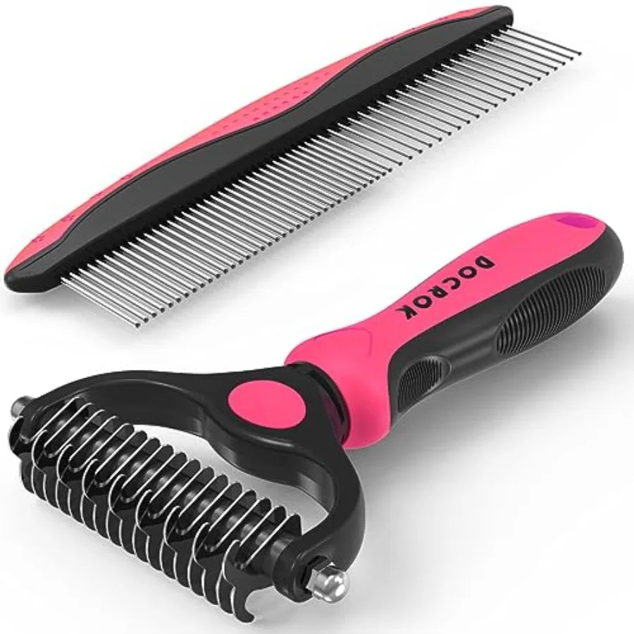 Pet Grooming Combo - Deshedding Brush with Metal Comb for Detangling and Dematting Long, Matted Fur on Cats and Dogs