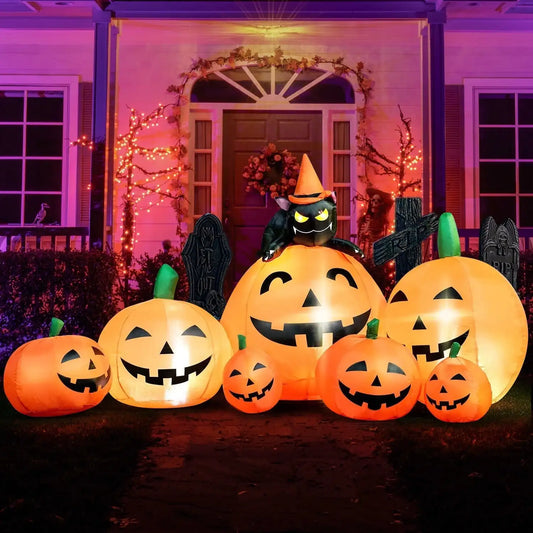 Joyfy Halloween Pumpkin Inflatable With Witch Cat And LED Lights