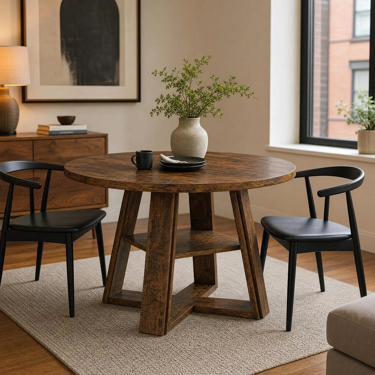 HiMISS Modern Farmhouse Pedestal Dining Table With Storage Shelf