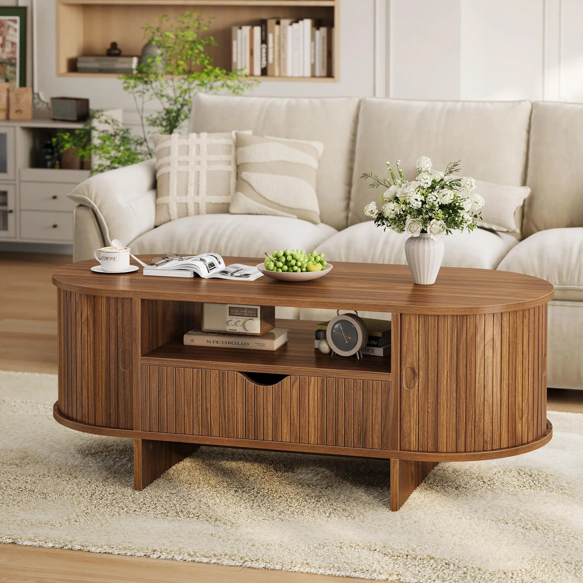 47.2in Oval Coffee Table With Storage, Modern Fluted Wood Center Table With Drawer & Sliding Door Cabinets For Living Room, Small Space
