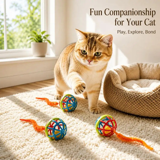 Pet Cat TPR Soft Rubber Teaser Toy Ball With Built-In Bell And Plush Tail, Durable Chew-Resistant Interactive Rolling Ball For