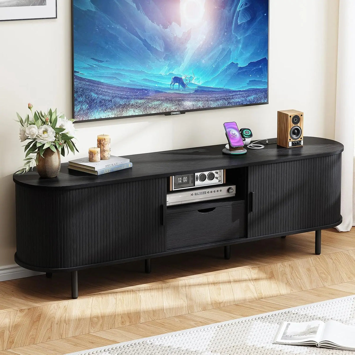 ONBRILL Modern TV Stand With Power Outlet Storage And Drawer