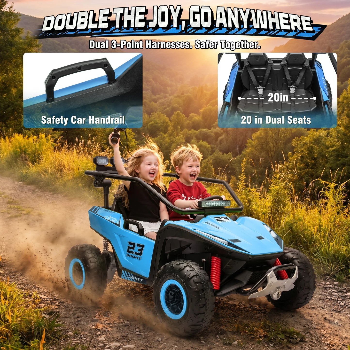 2 Seater 24V Kids Electric UTV Buggy 4WD Ride On Car with Remote Control Bluetooth LED Lights Slow Start Safety Harness Kids Off Road Electric Vehicle Toy Car Birthday Gift for Kids