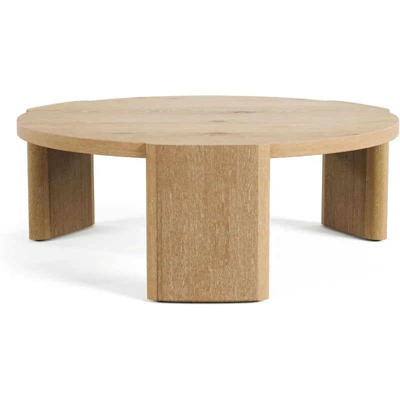 Carys 42” Round Coffee Table, Solid Rubberwood & Oak Veneer, Modern Wood Living Room Table with Plinth Base, Oak Finish