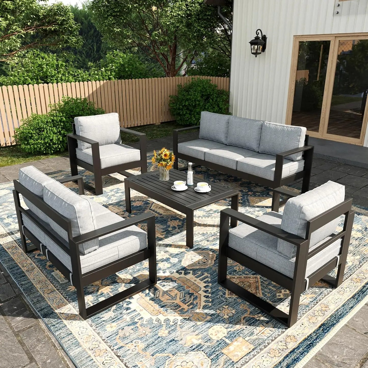 5 Piece Modern Aluminum Patio Furniture Set, Outdoor Patio Sectional Conversation Metal Seating Sets with Olefin, Custom