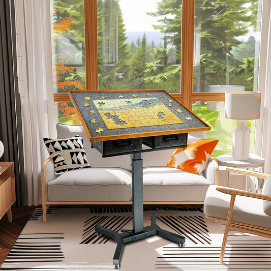 Jigsaw Puzzle Table With Adjustable Tilt, Wheels, Drawers
