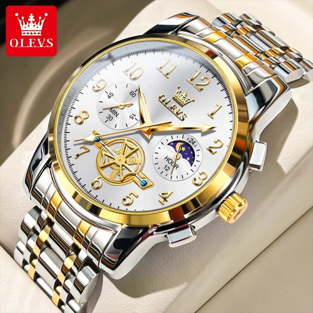 OLEVS Moon Phase Men's Watch Stainless Steel Waterproof Skeleton Chronograph