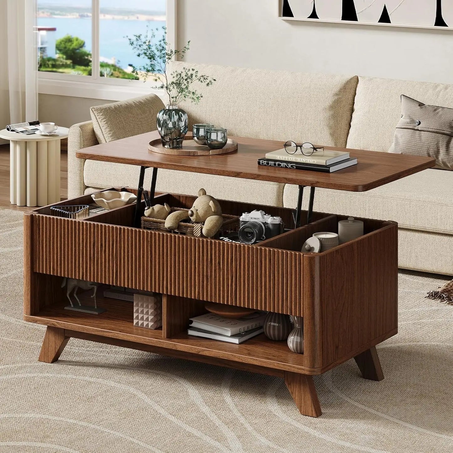 Farmhouse Lift Top Coffee Table with Hidden Storage & Fluted Rising Wood Center for Living Room & Office, Walnut, Customized