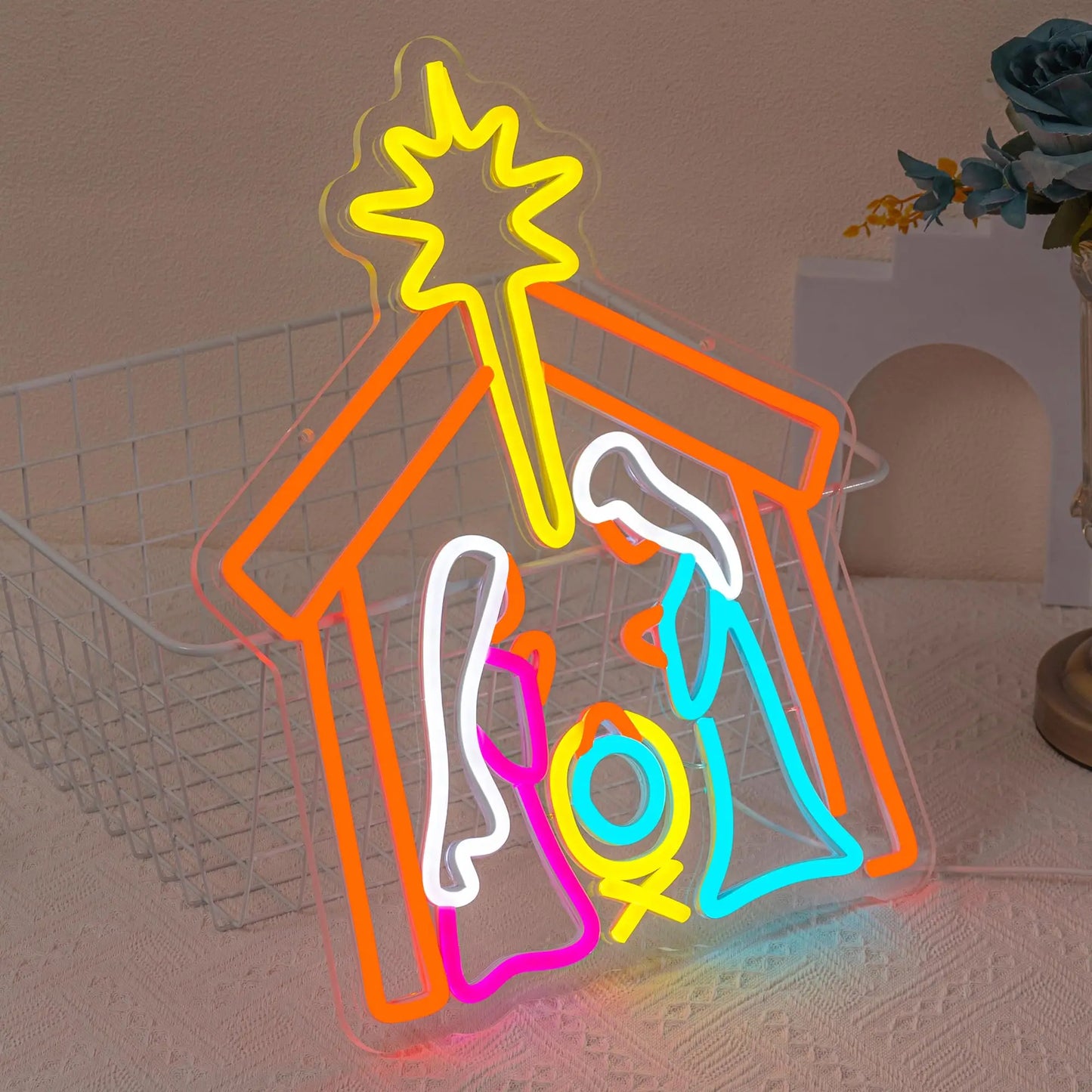 Nativity Neon Sign with Jesus LED Light Up for Christmas Wall Decor Birthday Party in Bedroom Backyard and Church Settings