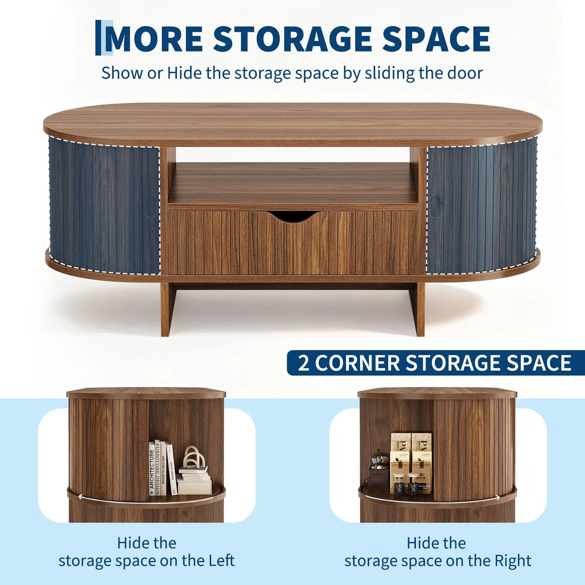 47.2in Oval Coffee Table With Storage, Modern Fluted Wood Center Table With Drawer & Sliding Door Cabinets For Living Room, Small Space