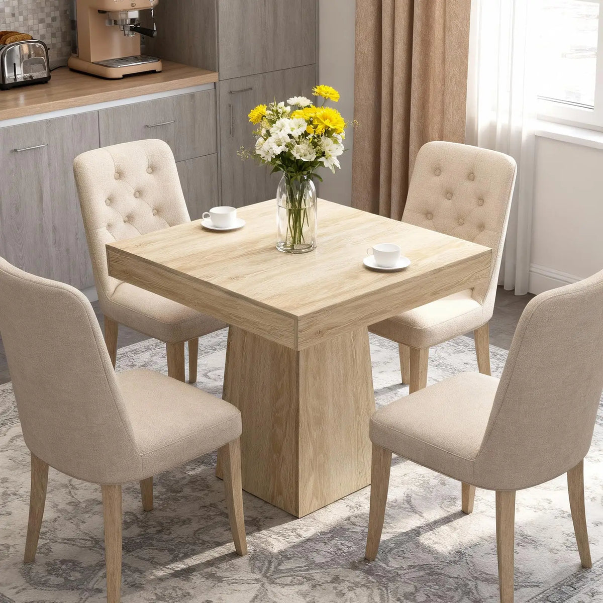 31.5in Square Dining Table For 4, Farmhouse Wood Pedestal Kitchen Table For Apartment, Small Dining Room, Cafe, 29.7in High