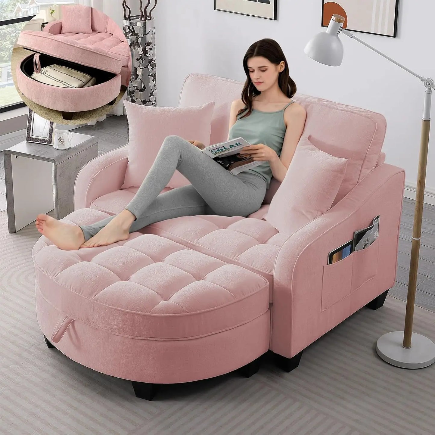 Oversized Curved Chaise Lounge Chair With Ottoman Chenille