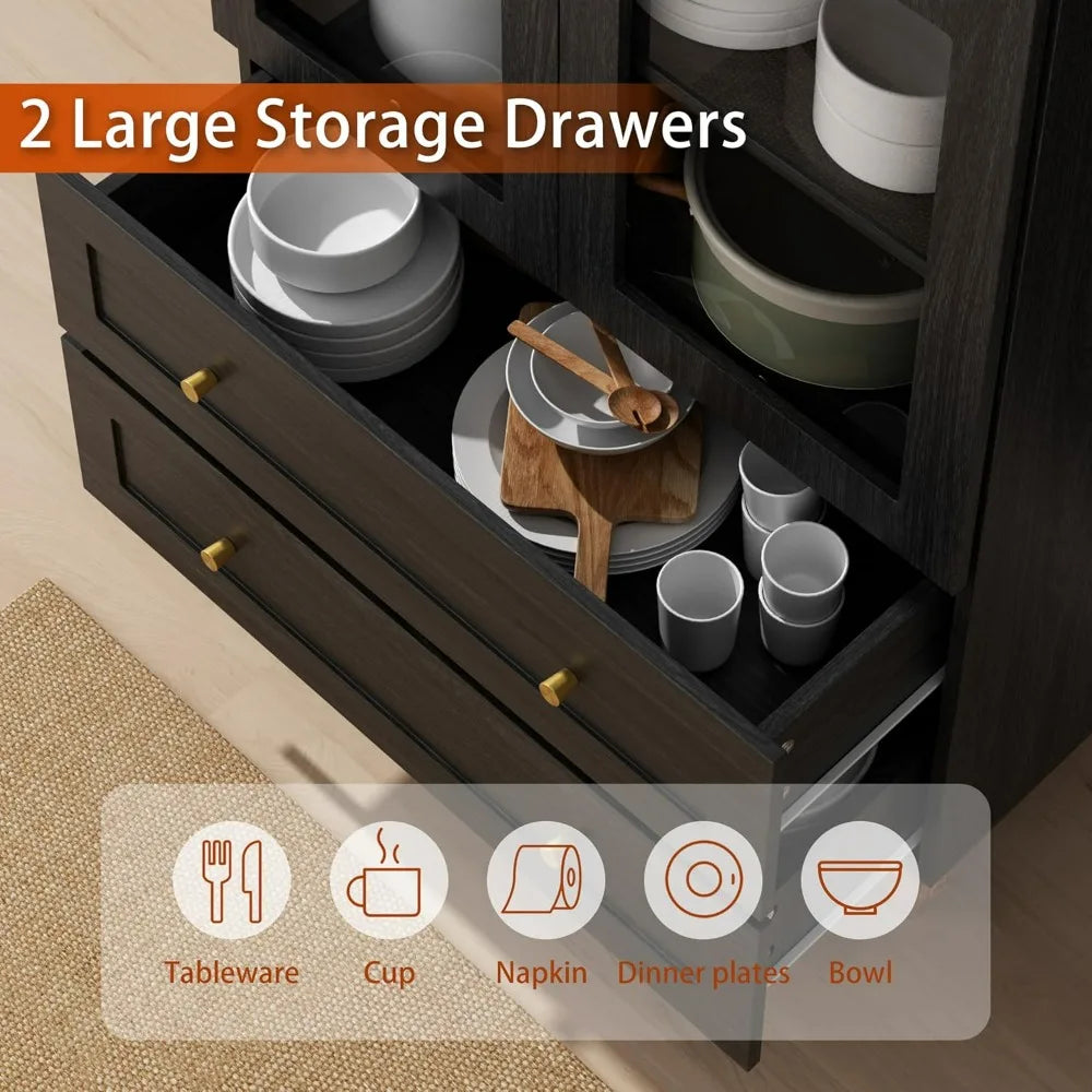 Solid Wood Pantry Cabinet With Glass Doors Tall Kitchen Storage