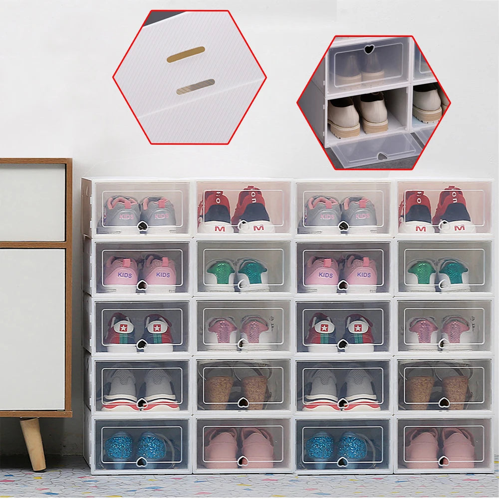 Pack of 20 Shoe Boxes Stackable Foldable Transparent Plastic Container Shoe Box with Lid White Shoe Organizer with Drawer