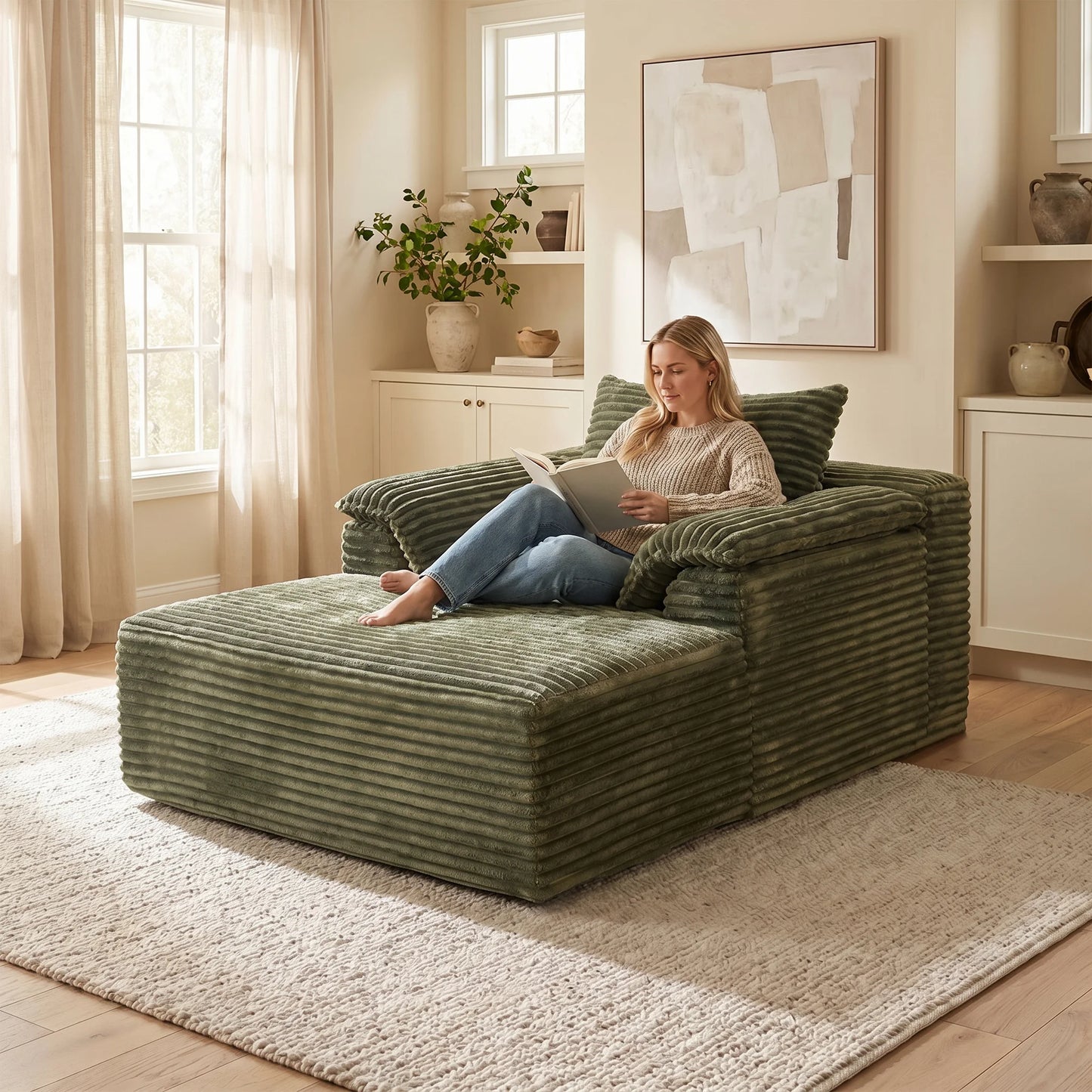 67" Oversized Sofa Bed, Corduroy Fabric Lounge Chair with Armrests & Pillows, Soft Cushioned Comfort Sleeper Reading Chair, Ideal for Living Room, Bedroom, Home Theater