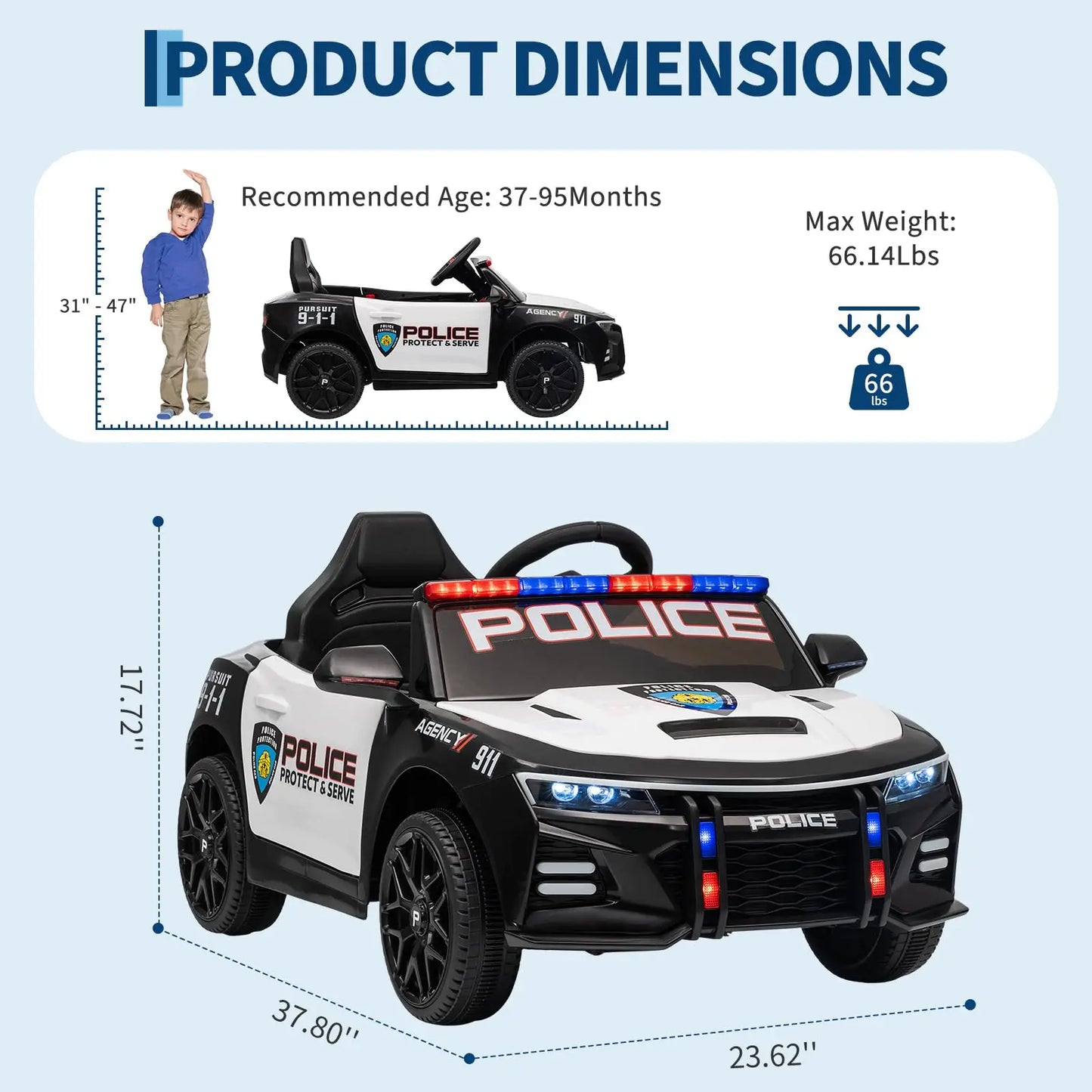 12V Kids Ride On Patrol Car With Parent Remote, Flashing LED Lights, Megaphone, Music, Spring Suspension, Electric Car Ages 3-8