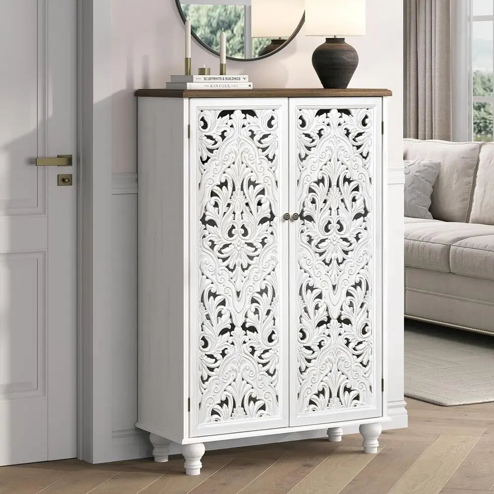 Wooden Carved Accent Storage Cabinet For Boho Living Room Decor