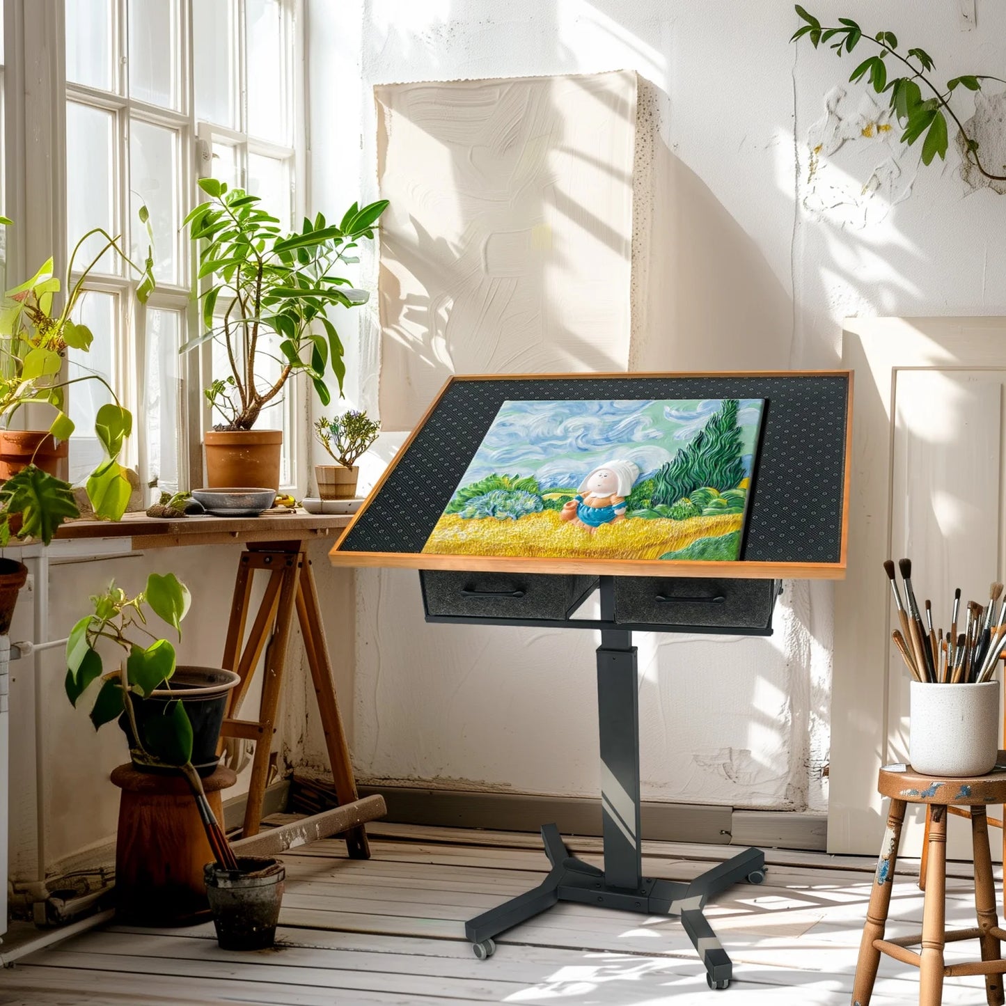Jigsaw Puzzle Table With Adjustable Tilt, Wheels, Drawers