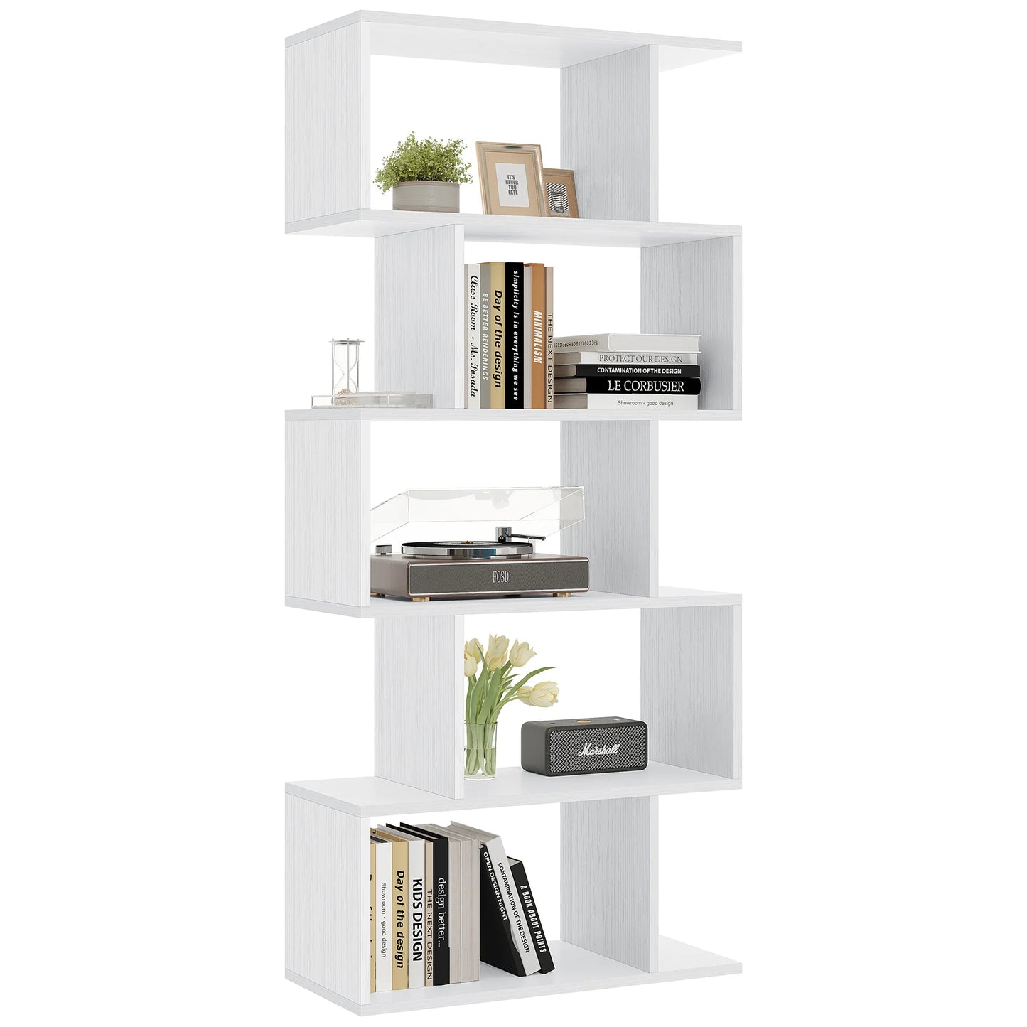 JHK 62IN Geometric Bookcase 5 Tier S-Shaped Wooden Display Bookshelf Storage Standing Shelf Stable Frame Graduated Shelves