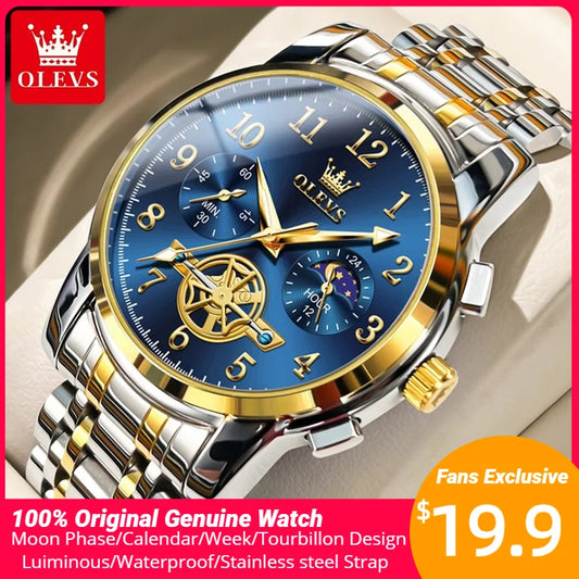 OLEVS Moon Phase Men's Watch Stainless Steel Waterproof Skeleton Chronograph