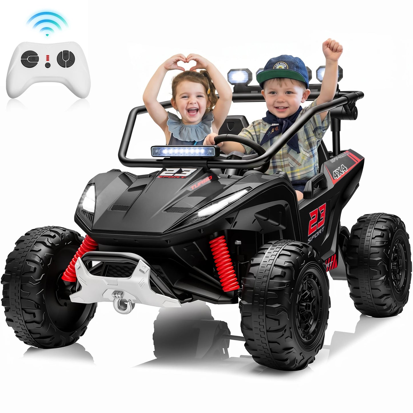 2 Seater 24V Kids Electric UTV Buggy 4WD Ride On Car with Remote Control Bluetooth LED Lights Slow Start Safety Harness Kids Off Road Electric Vehicle Toy Car Birthday Gift for Kids
