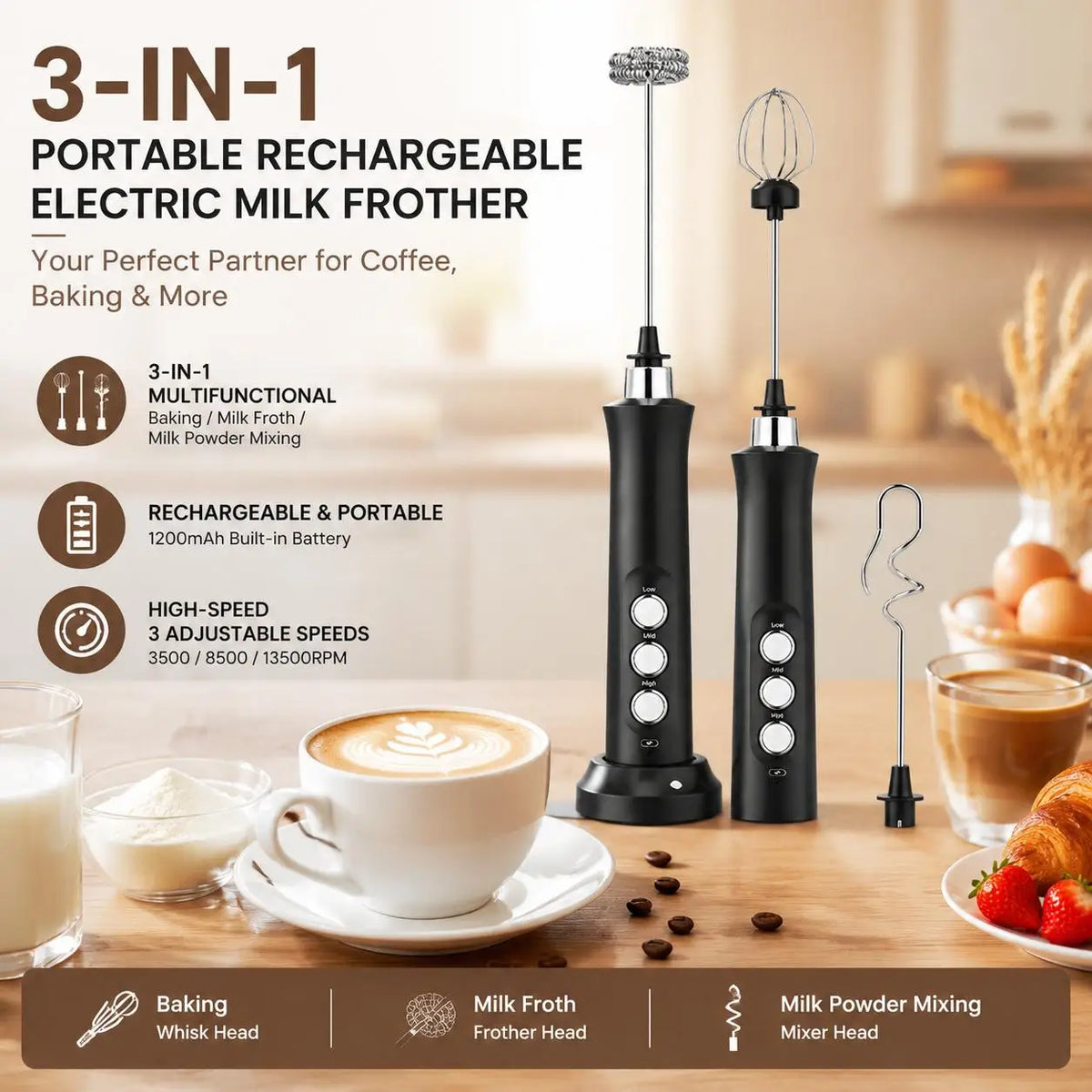USB Rechargeable Handheld Milk Frother and Coffee Foam Maker