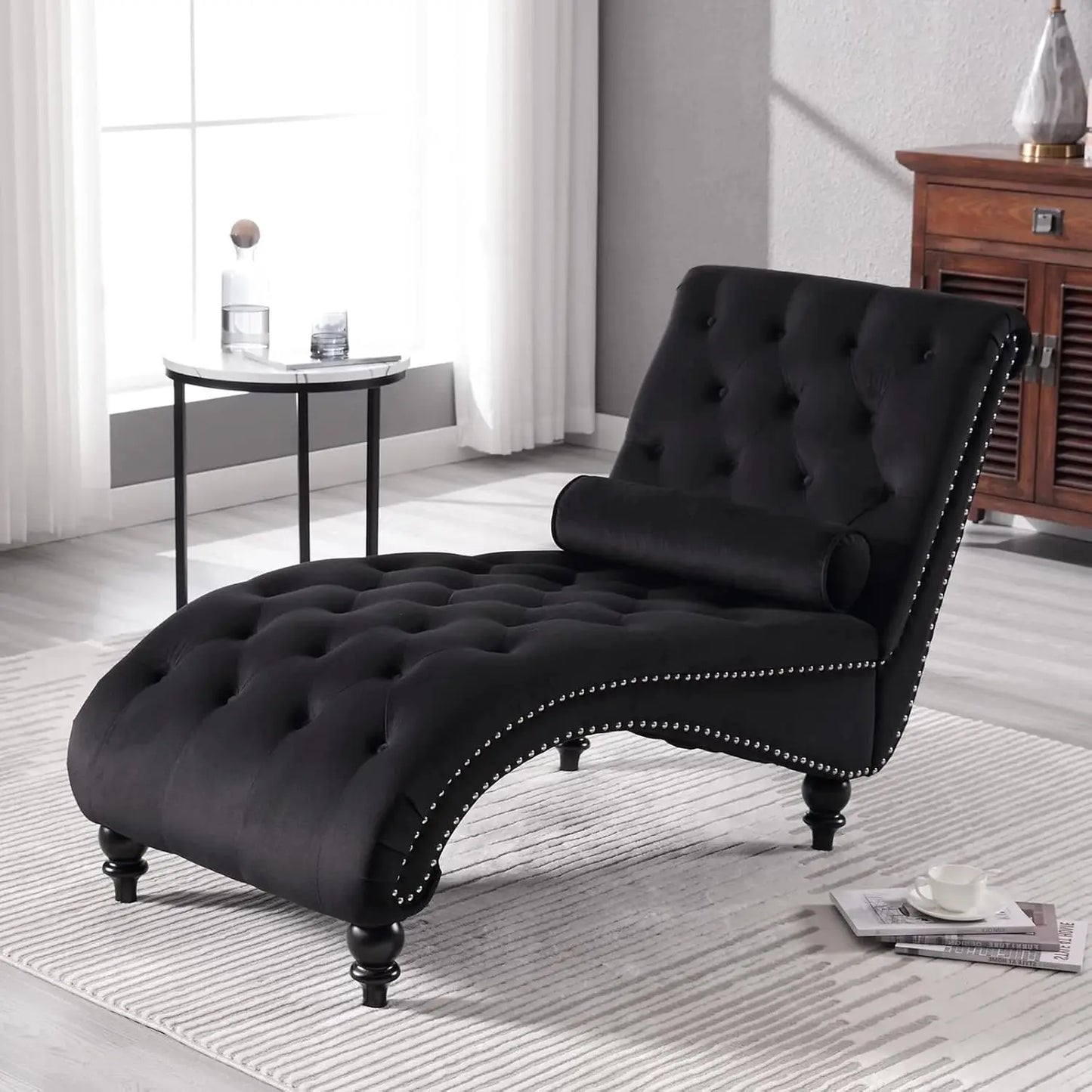 Velvet Tufted Chaise Lounge Chair With Pillow For Bedroom
