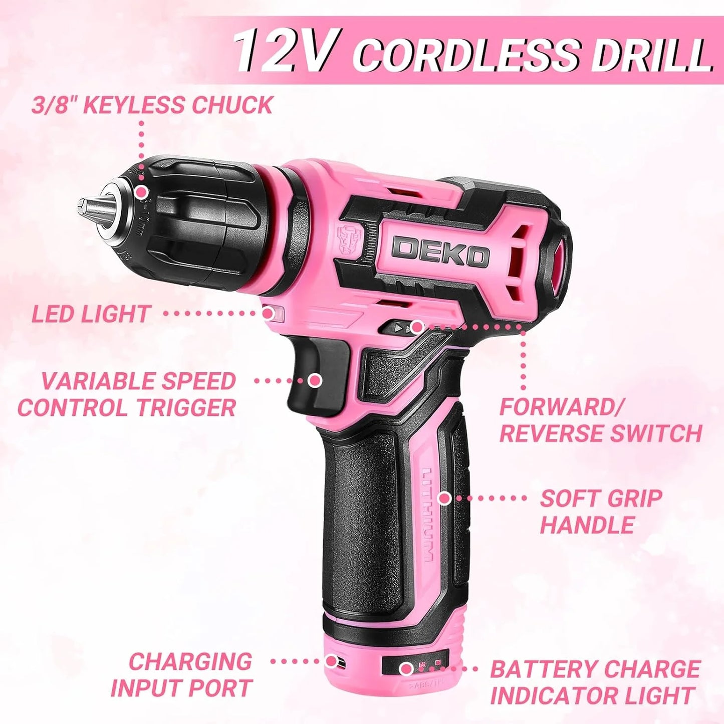 DEKO 12V Cordless Drill and Mechanic Tool Set with Storage