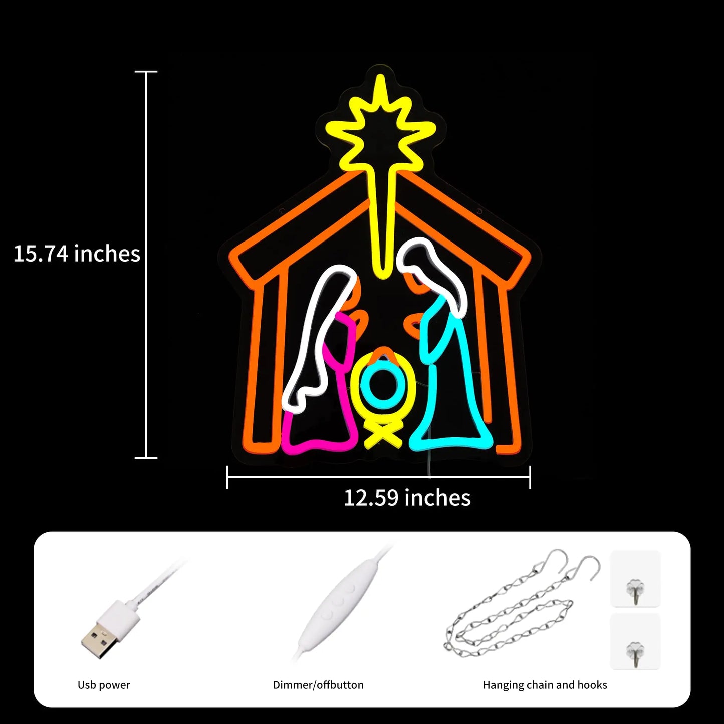 Nativity Neon Sign with Jesus LED Light Up for Christmas Wall Decor Birthday Party in Bedroom Backyard and Church Settings