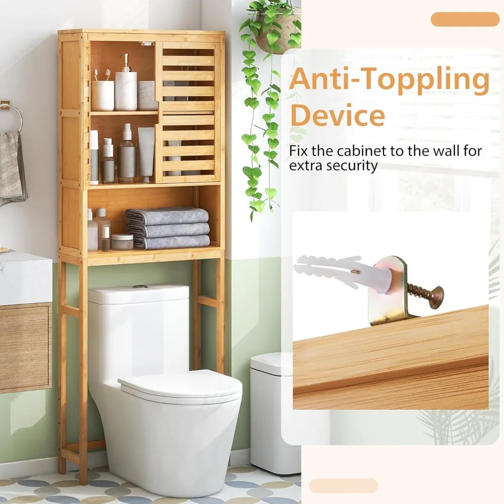 freestanding tall natural bamboo over-the-toilet storage cabinet with 2 doors and open shelf