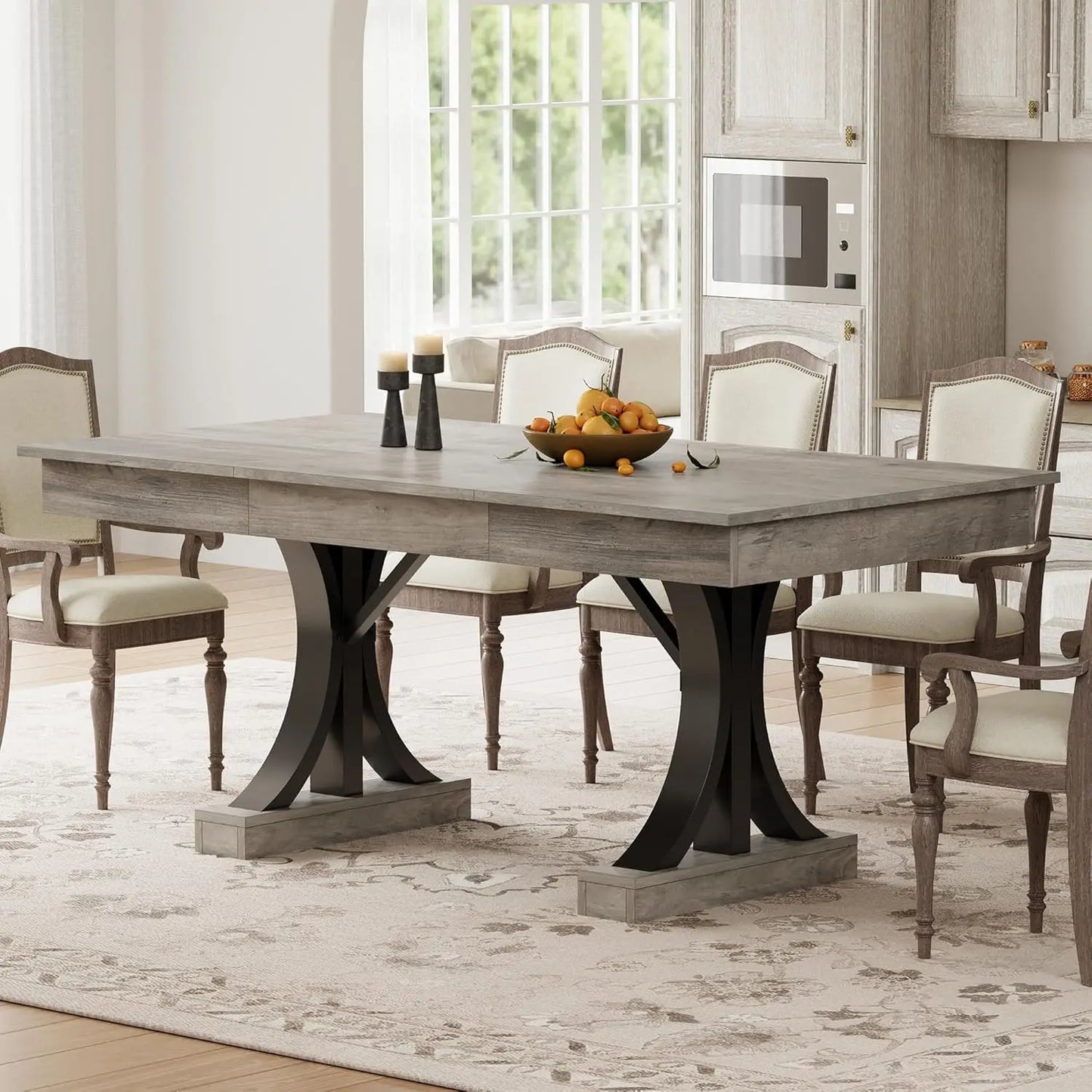 71 Inch Dining Table For 6-8 With 2 Drawers, Industrial Rectangular Wooden Kitchen Table, Double Pedestal Base For Home Office