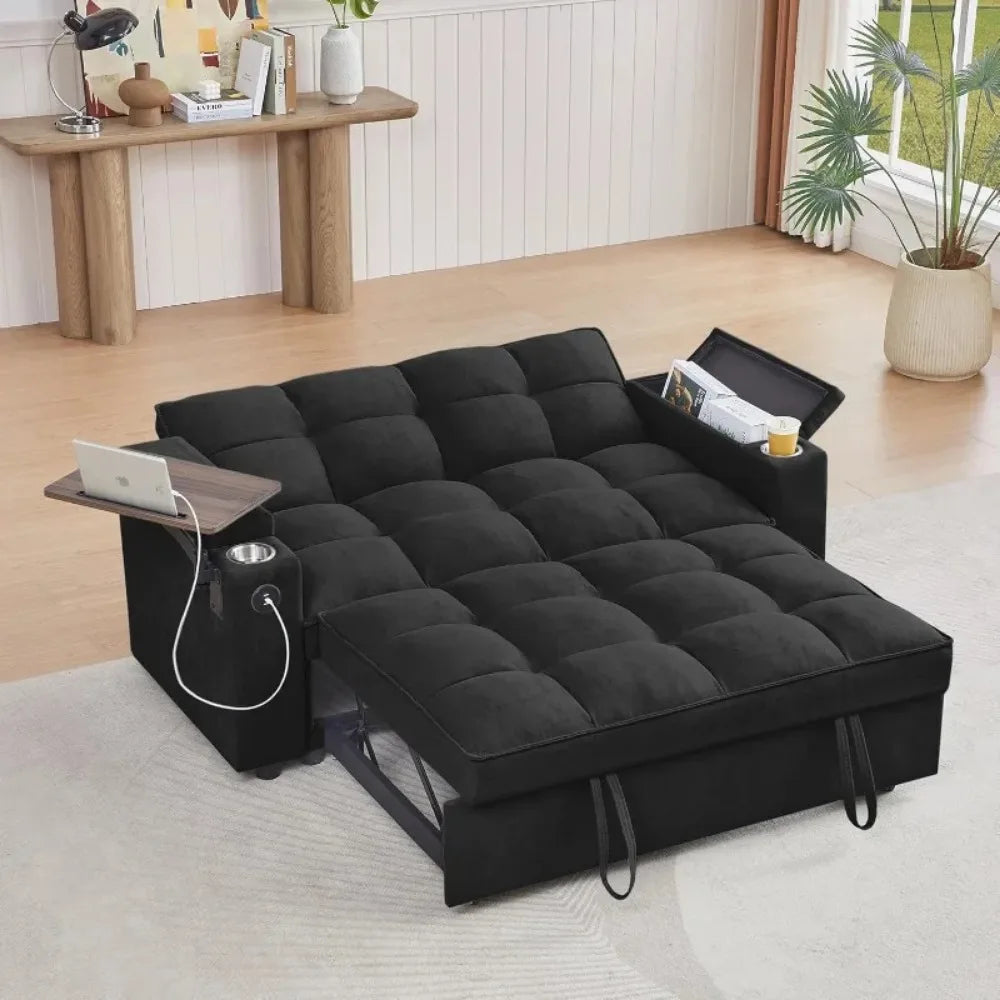3-in-1 Folding Convertible Sofa Bed With Pullout And Swivel Table
