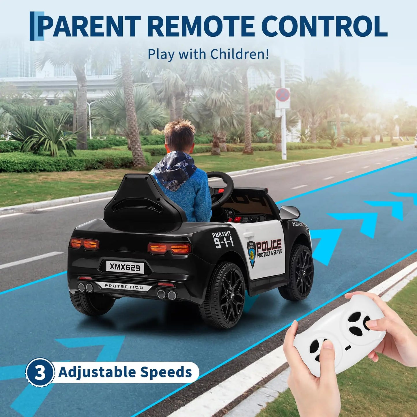 12V Kids Ride On Patrol Car With Parent Remote, Flashing LED Lights, Megaphone, Music, Spring Suspension, Electric Car Ages 3-8
