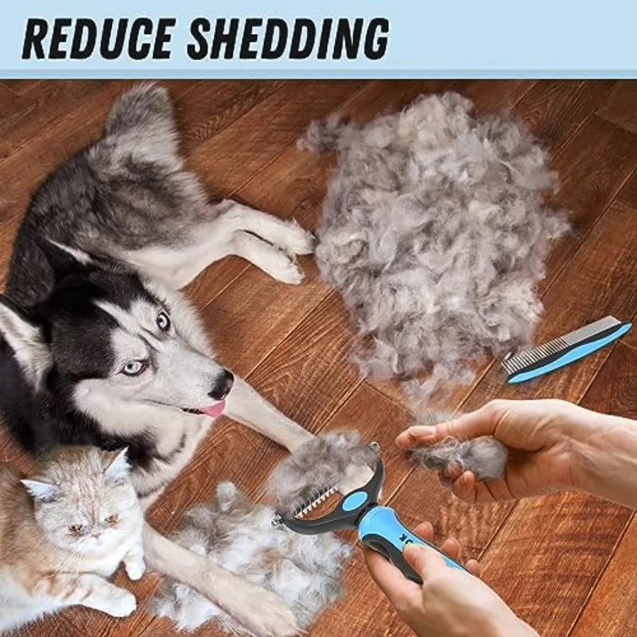 Pet Grooming Combo - Deshedding Brush with Metal Comb for Detangling and Dematting Long, Matted Fur on Cats and Dogs