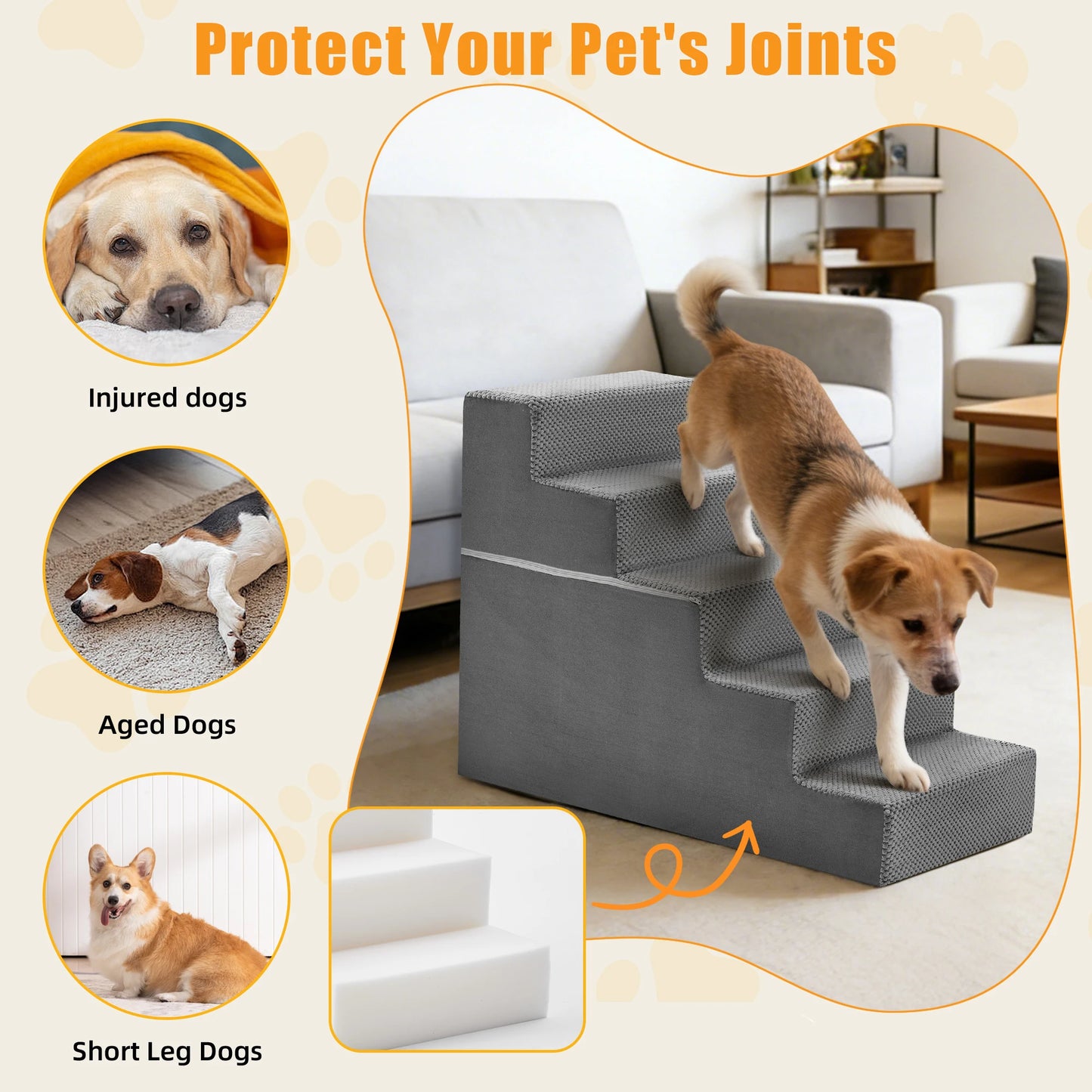 JHK 3-5 Step Angled Foam Dog Stairs For Small Dogs