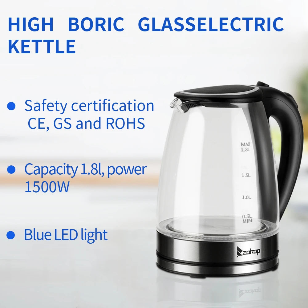 ZOKOP Electric Glass Kettle Auto Shut Off With LED Base