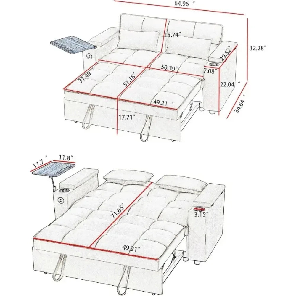 3-in-1 Folding Convertible Sofa Bed With Pullout And Swivel Table