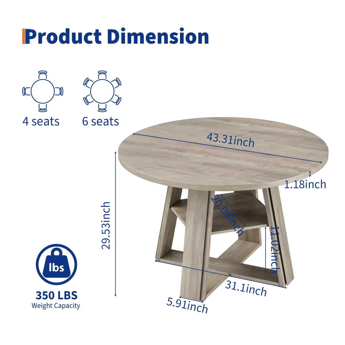 HiMISS Modern Farmhouse Pedestal Dining Table With Storage Shelf