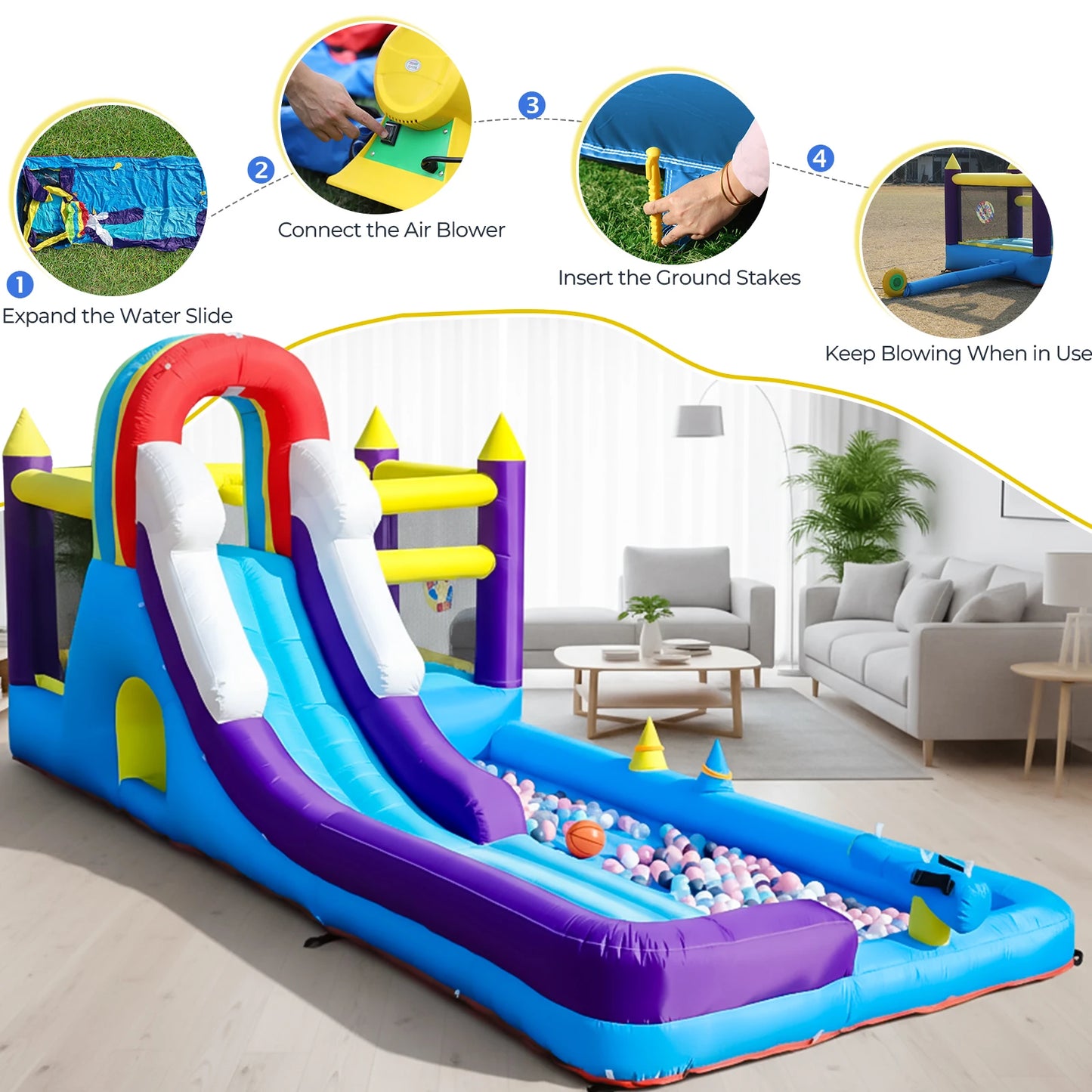 New Oxford cloth 16ft  4.9m Inflatable Water Slide Bounce House w/ Splash Pool & 480W Blower for Kids Party