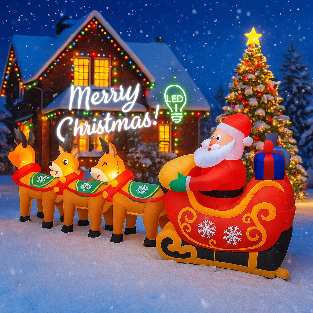 10.17FT Inflatable Santa Claus Toy Sleigh Reindeer Christmas Yard Decoration LED Lit Xmas Supplies Home Ornament Festive Gift