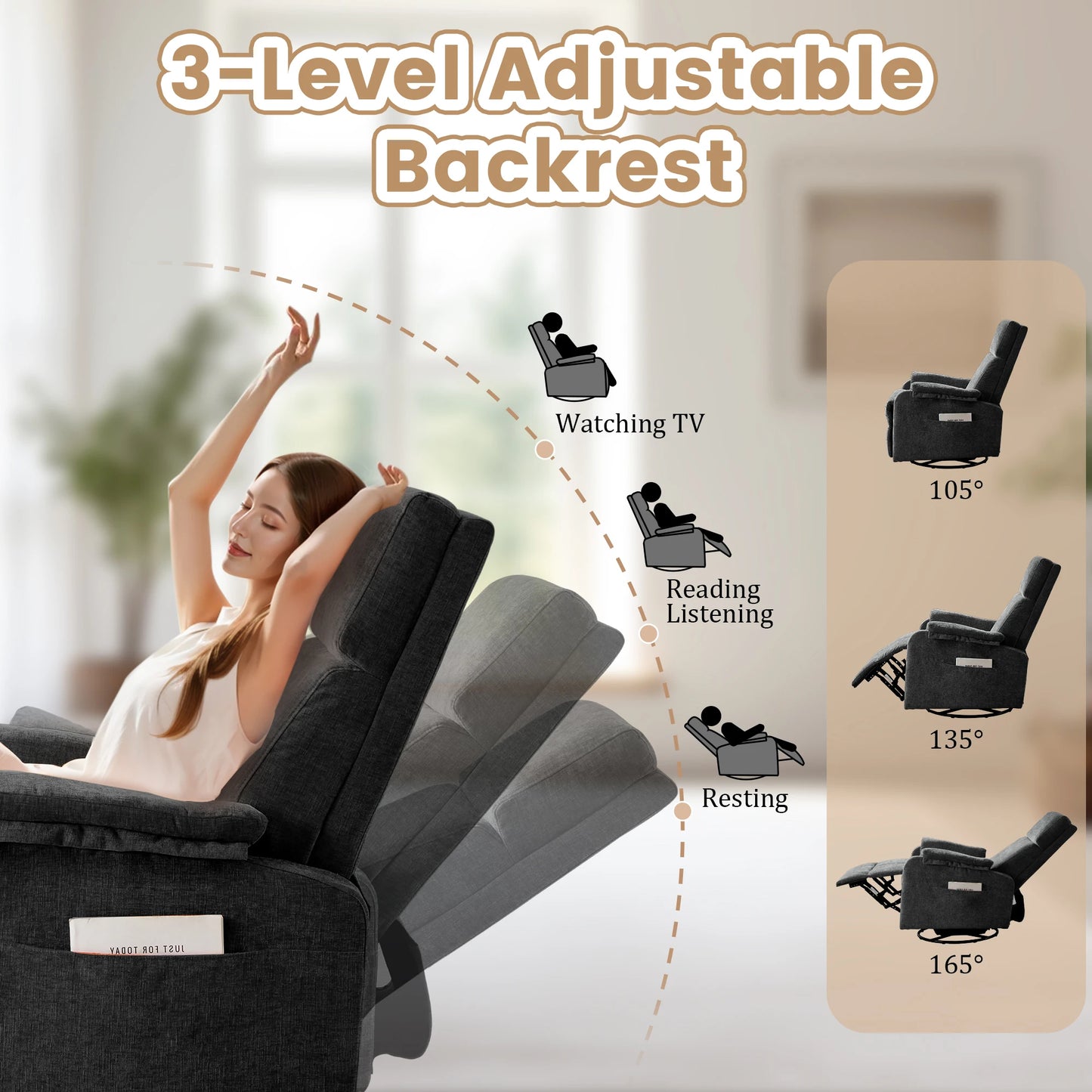 Korser Adult Ergonomic Manual Rocking Recliner Chair, Modern Minimal Fabric Adjustable Armchair with USB and Type-C Charging Ports