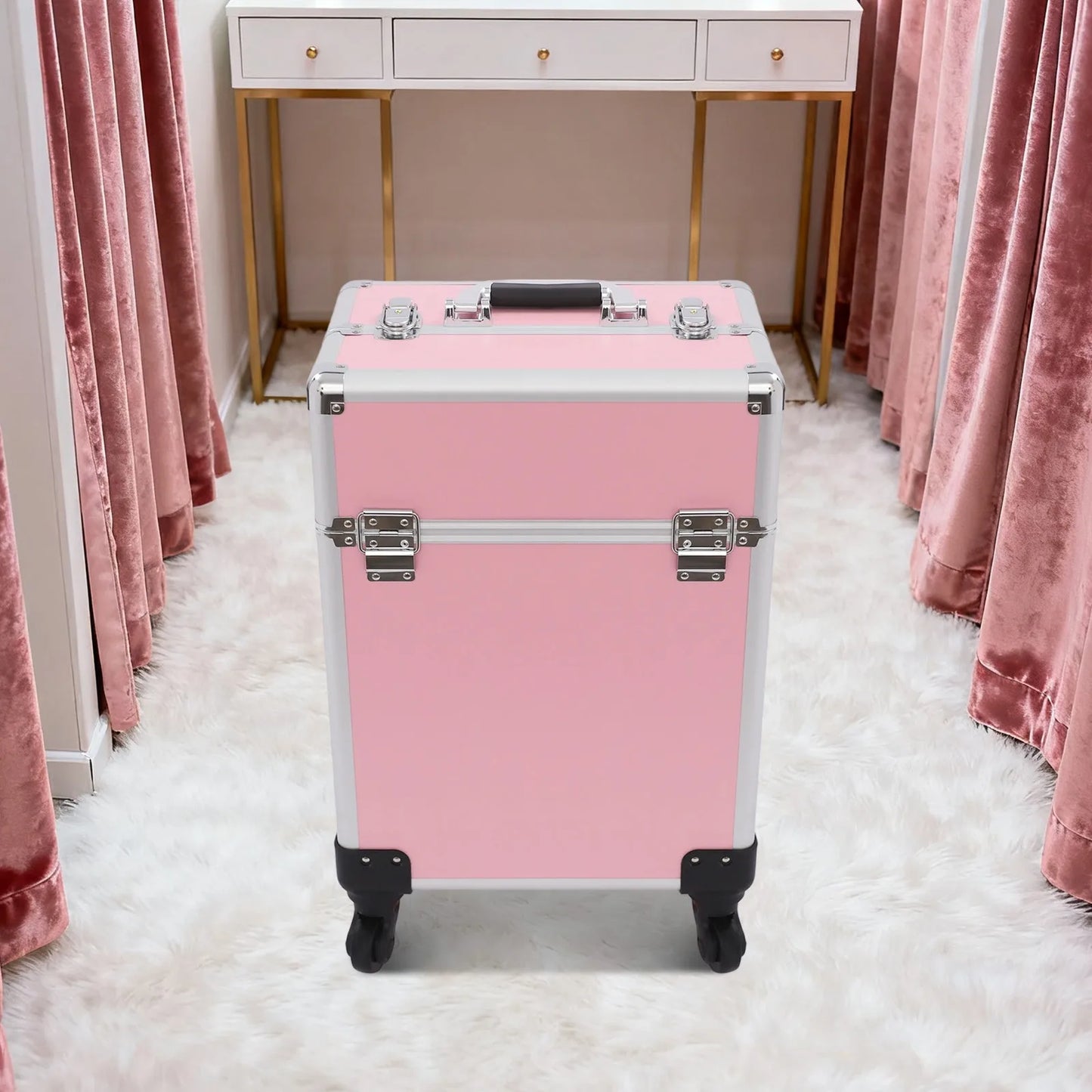 NEWEST Cosmetic Case Trolley with Locks, Professional Rolling Makeup Train Case with Drawers, Large Cosmetic Trolley Cosmetics Storage Organizer for Travel Makeup / Nail Art / Hair Styling, (Pink)
