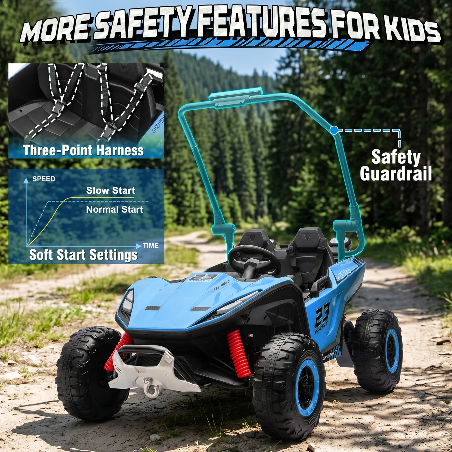 2 Seater 24V Kids Electric UTV Buggy 4WD Ride On Car with Remote Control Bluetooth LED Lights Slow Start Safety Harness Kids Off Road Electric Vehicle Toy Car Birthday Gift for Kids