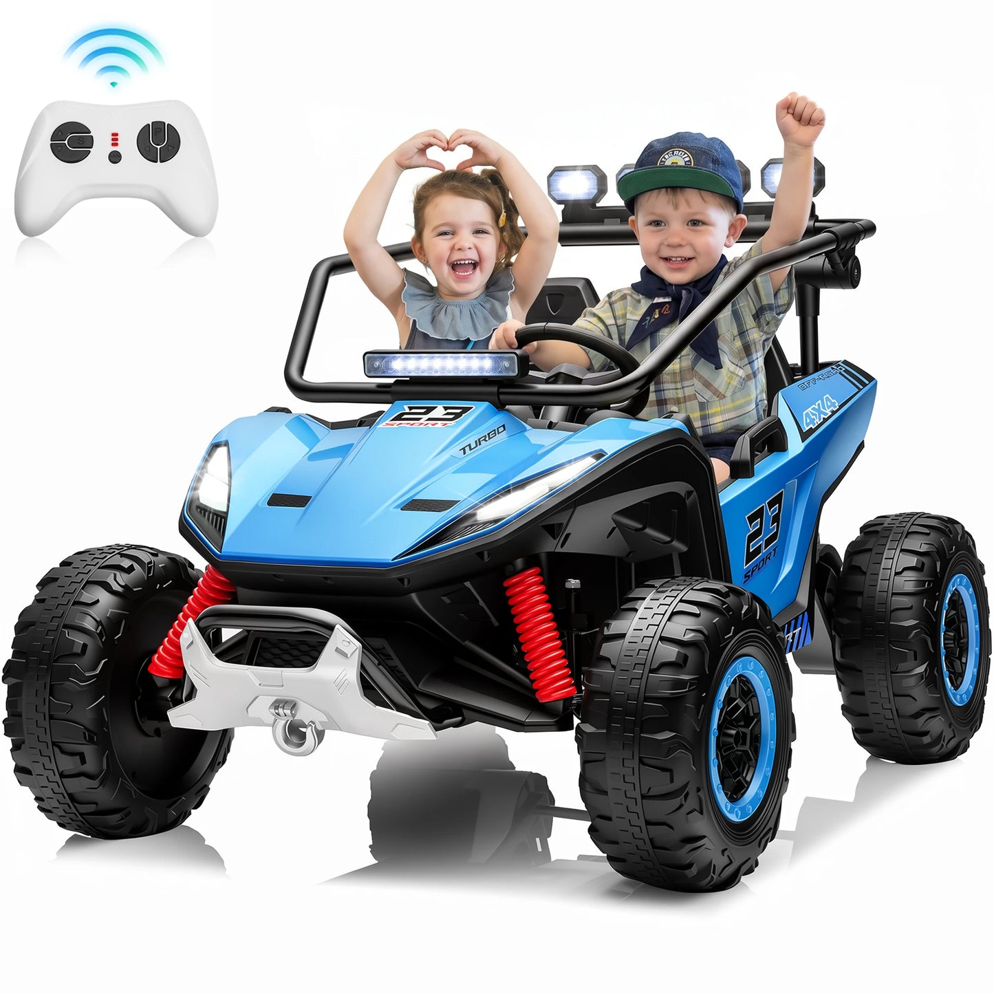 2 Seater 24V Kids Electric UTV Buggy 4WD Ride On Car with Remote Control Bluetooth LED Lights Slow Start Safety Harness Kids Off Road Electric Vehicle Toy Car Birthday Gift for Kids