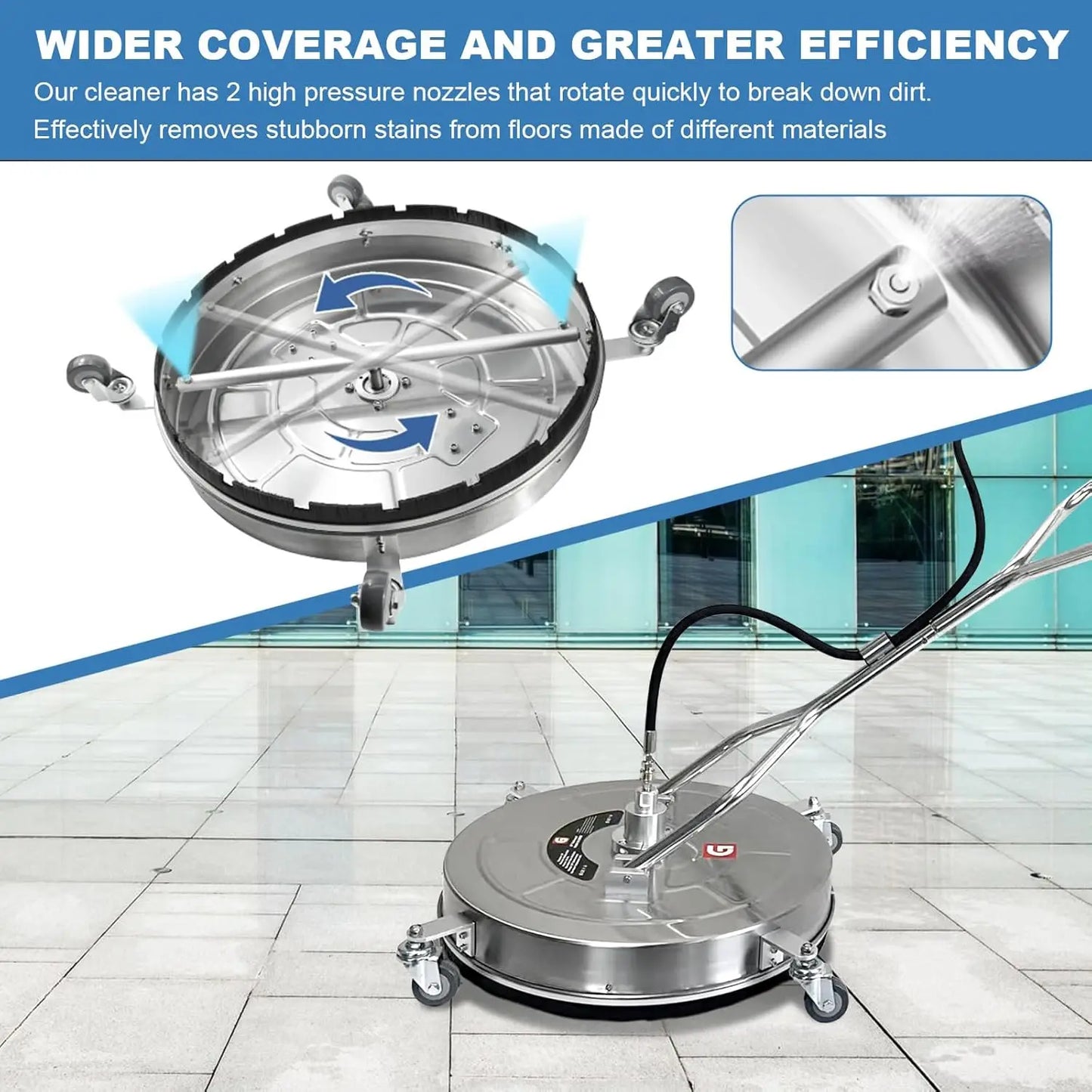24" Pressure Washer Surface Cleaner with Dual Handles Stainless Steel 4-Wheel Design for Driveways Sidewalks Curbs Decks & Patio