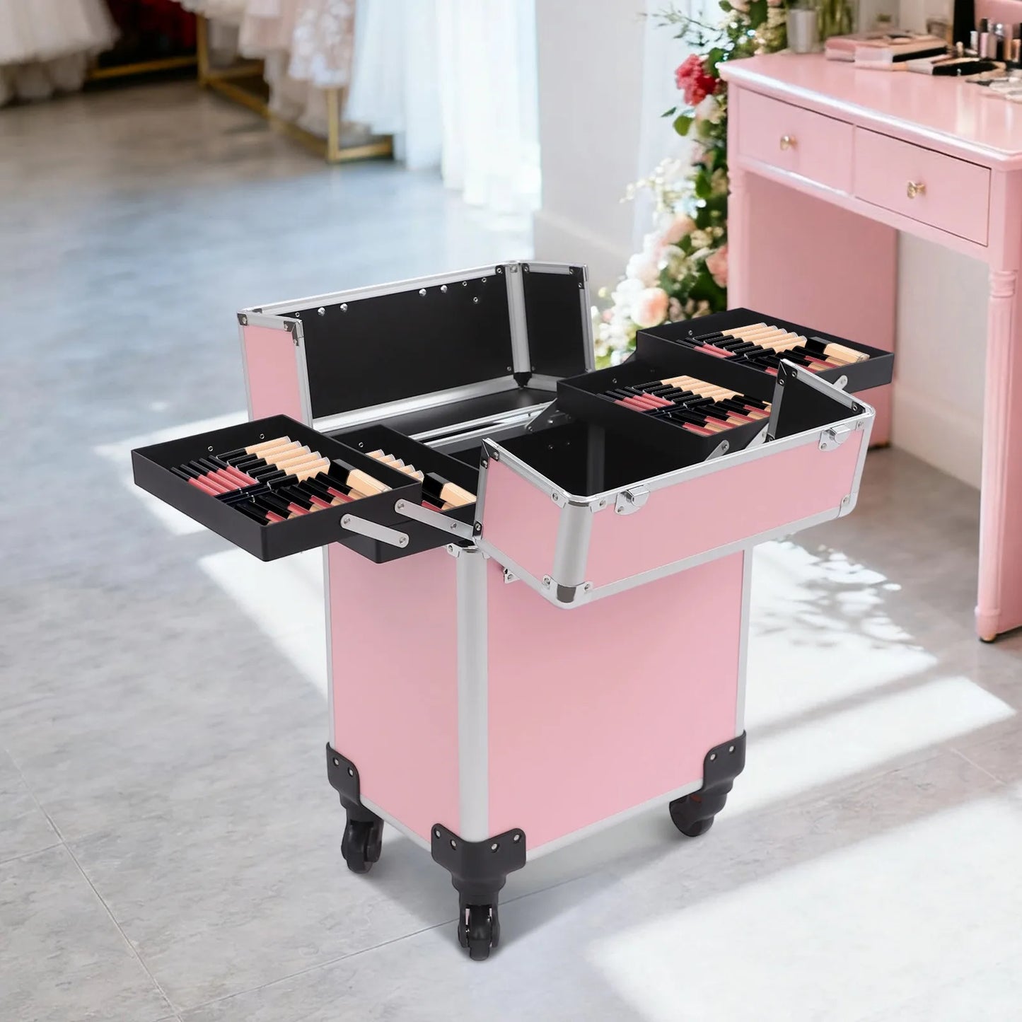 NEWEST Cosmetic Case Trolley with Locks, Professional Rolling Makeup Train Case with Drawers, Large Cosmetic Trolley Cosmetics Storage Organizer for Travel Makeup / Nail Art / Hair Styling, (Pink)