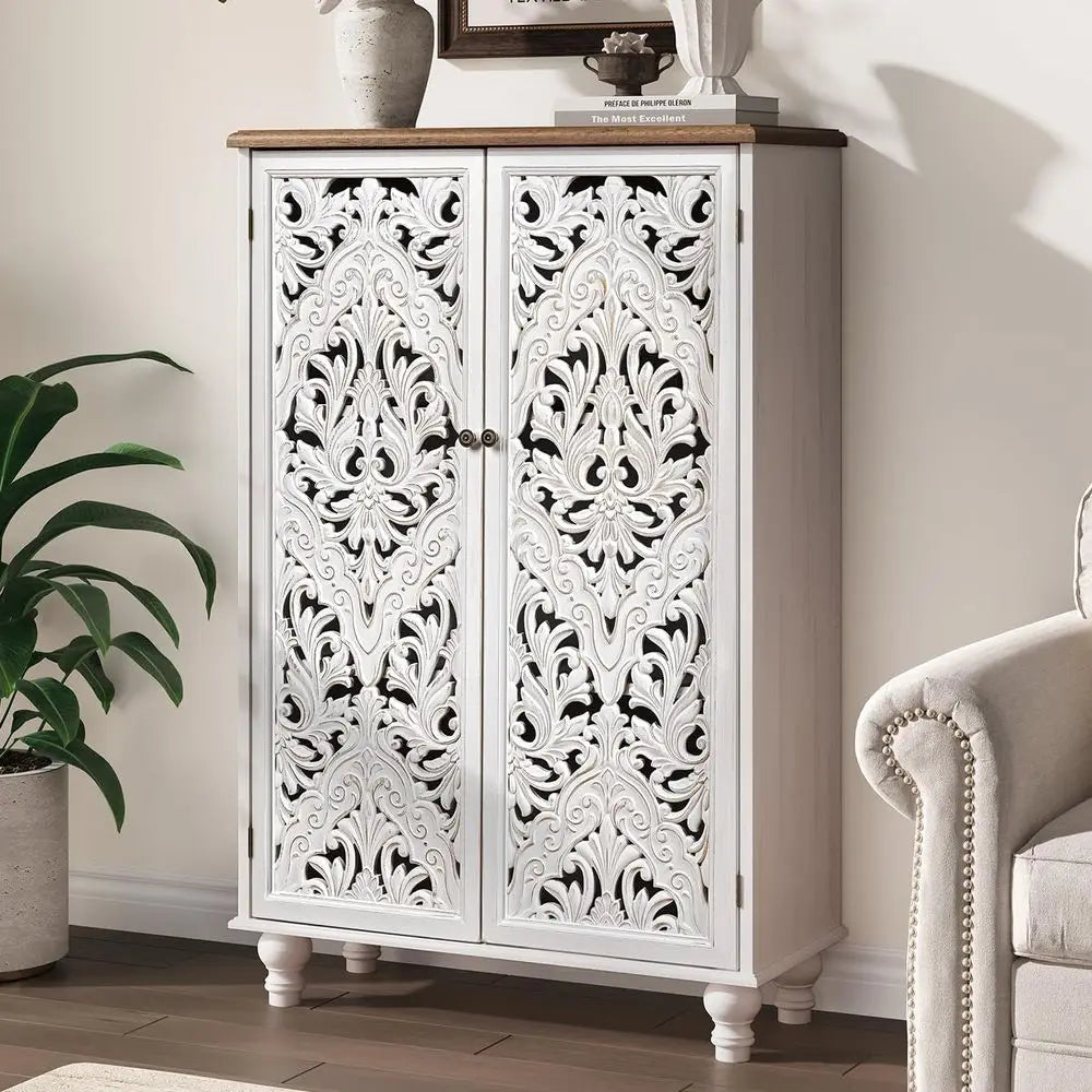 Wooden Carved Accent Storage Cabinet For Boho Living Room Decor